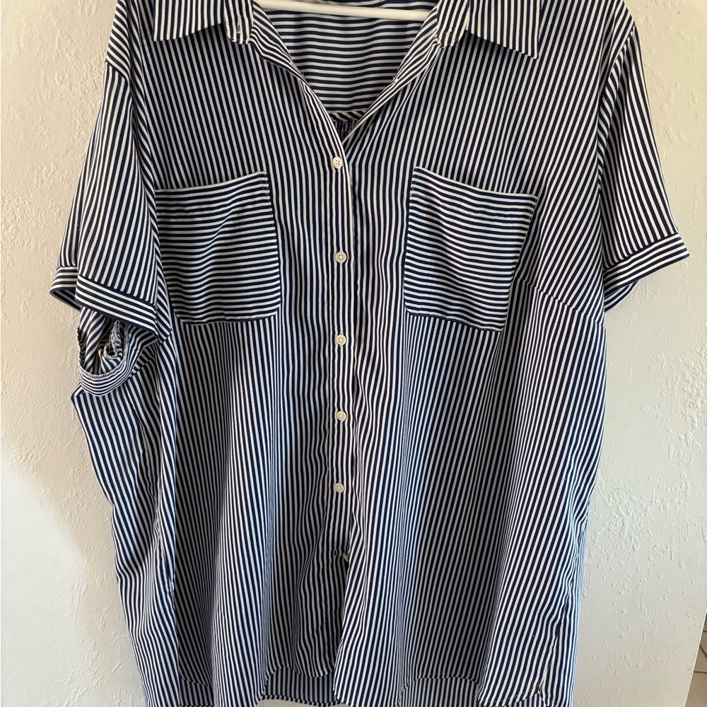 LOFT Navy and White Striped Blouse